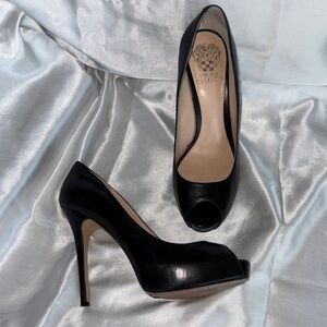 Vince Camuto Elegant Black Leather Peep Toe Heels